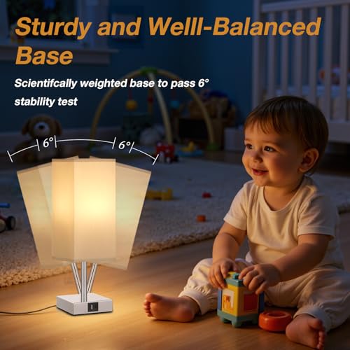 Aooshine Bedside Lamps, Touch Control Table Lamp with USB A+C Charging Ports, Lamps 3 Way Dimmable, for Bedroom Living Room-Grey Fabric Shade (LED Bulb Included)