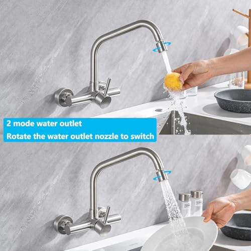 ONECE Wall Mounted Kitchen Tap with 2 Modes, Wall Taps with Rotating Nozzle, Single Lever Mixer Tap for Sink 360° Rotating, Stainless Steel 304, Removable Aerator