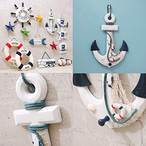 Nautical Mediterranean Handcrafted Ship Anchor Pirate Decor- Ships Wheel for Home,and Wall Hanging Decorative Boat Accessory for Bedroom/Bathroom/Guest Room(Blue and White,8.7” X 12.6”)
