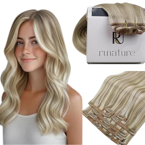 RUNATURE Clip in Human Hair Extensions 18 Inch Brown