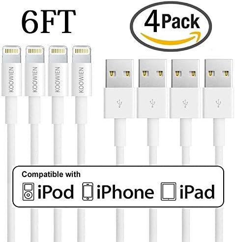 Lightning Cable, KOOWIEN 4Pack 6ft Extra Long 8Pin USB Syncing and Charging Cord for iPhone 7/7 Plus, 6s plus/6s/6 plus/6, se/5s/5c/5, iPad Air/Pro/Mini, iPod nano/touch (White)