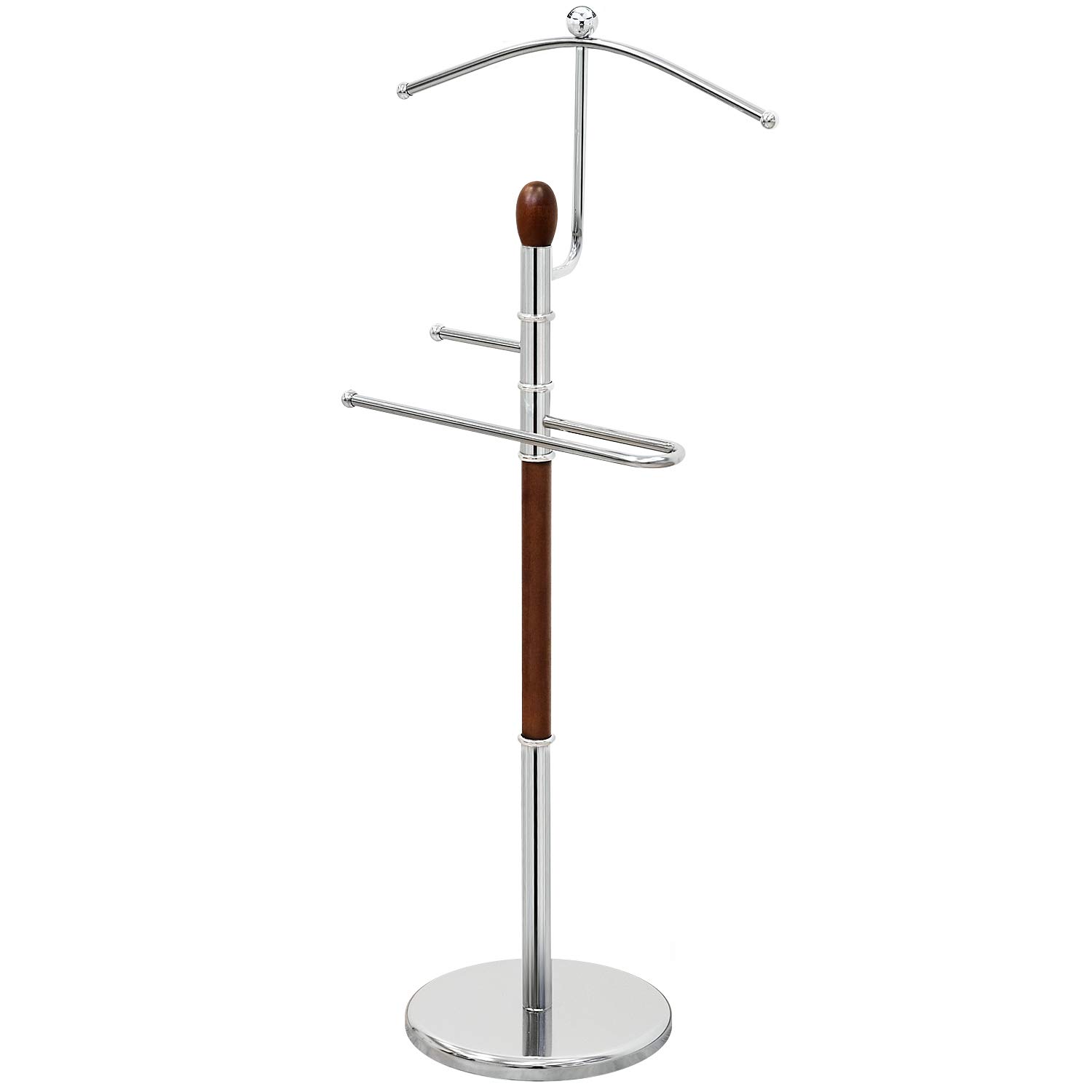 Tatkraft Dandy Clothes Valet Stand, Freestanding Suit Hanger, Stable Heavy Base, Chrome Plated Steel/Wood