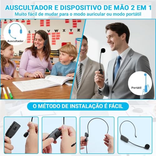 Kit 2 Microfone de Cabeça sem Fio, Microfone Professor, Microfone Sem fio para Palestrante, 2 Microfones com Fone de Ouvido para Sistema PA, Ouvido Duplo Sem Fio 2,4G, Sistema de Microfones Sem Fios