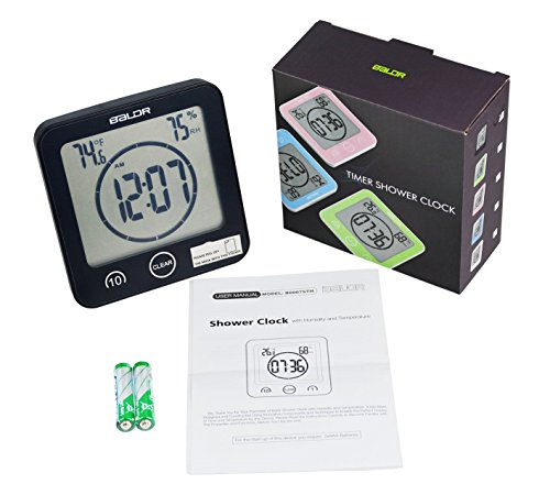 BaLDR Digital Shower Clock/Timer Waterproof for Water Spray for Bathroom Shower Kitchen Touch Screen Timer with Alarm Displays Temperature Humidity Wall Mounted, Suction Cup, Stander (Black)