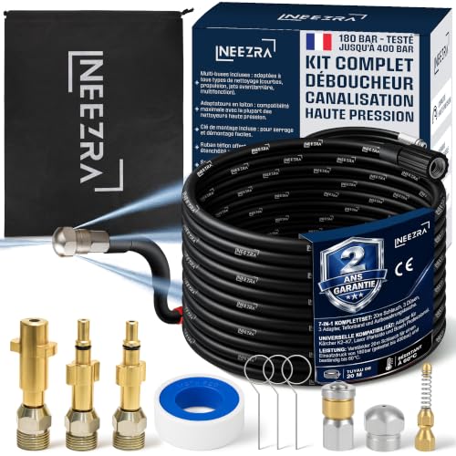 NEEZRA 7-in-1 High Pressure Drain Unblocker Kit 20 m - Karcher Ferret with 3 Spinning, Perforating & Spring Nozzles, 3 Karcher/Lavor/Bosch Brass Adapters, Teflon Tape, 60°C