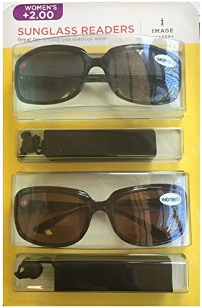 Image Readers Womens 2 Pack Trendy Frame Reading Sunglasses Glasses Block Out Ray UV and Gamma w/ +2.00 Magnification Viewing Pleasure Black Brown W/ Carry Pouch Driving Outdoor Safe Curved Lens