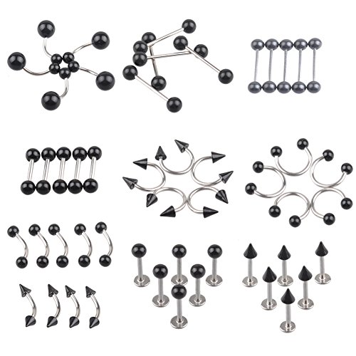100 PCS Black Piercing Kit Lot of Belly Ring,labret,tongue Ring,eyebrow Ring,tragus and Barbells Wholesale Body Jewelery