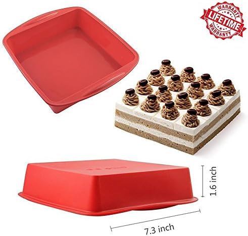 NonStick Square Cake Pan, IC ICLOVER [4 Pack] 7 Inch Food Grade Silicone Square Baking Pan Square Bakeware Bread Cake Mold with Handle Grips BPA Free - Red