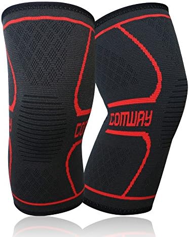 Knee Brace Compression Knee Sleeves - Comway Silicone Anti Slip Knee Pads with Pain Relief Recovery Improved Circulation for Running Basketball CrossFit Men Women, 1 Pair (L, Red)