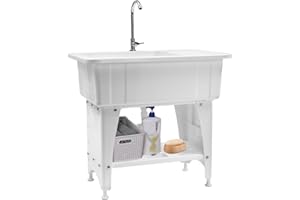 YUNLAIGOTOP Freestanding Plastic Laundry Sink, Utility Sink Laundry Tub with Faucet, Indoor and Outdoor Utility Sink Hoses and Drain Kit, Slop Sink Wash Station for Garage/Basement/Garden
