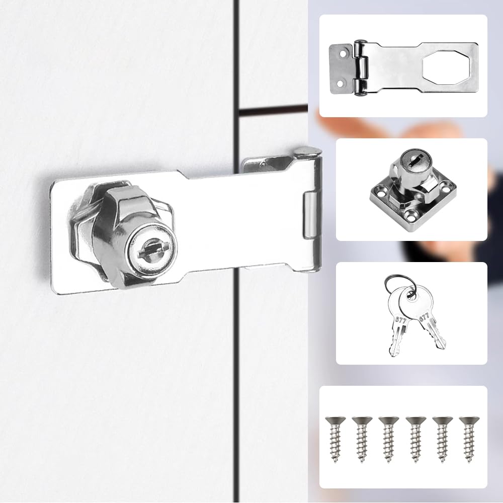 ADERTOS Keyed Hasp Lock Hasp and Staple with Padlock, Heavy Duty Shed Lock Door Locks Hasps Twist Knob Keyed Locking Hasps Safety Door Clasp Gate Locks with Key for Cabinets Cupboard Gate (4 Inch)