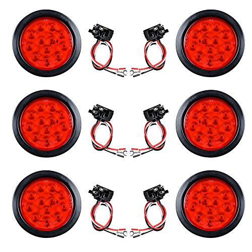 6pcs Red 4" Round 12-LED Tail Light Grommet Wiring Plug Kit for Truck Trailer RV UTE UTV