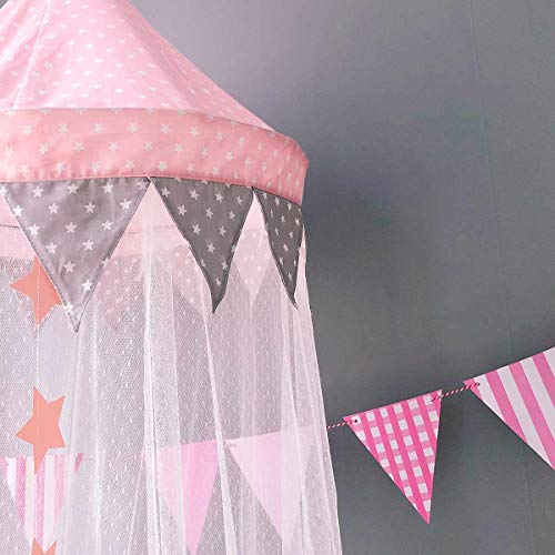 Dix-Rainbow Bed Canopy with Pom Pom Hanging Mosquito Net for Baby Crib Kids Twin Full Queen Size Bed, Lace Round Dome Fairy Netting Curtains, Kids Play Tent Reading Nook Castle Games House - Pink