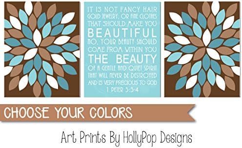 Girls room decor, Teen girl wall art, Christian wall decor, Bathroom wall art, Blue brown art prints, Floral burst prints, Tween art - SET OF 3 UNFRAMED ART PRINTS #1709