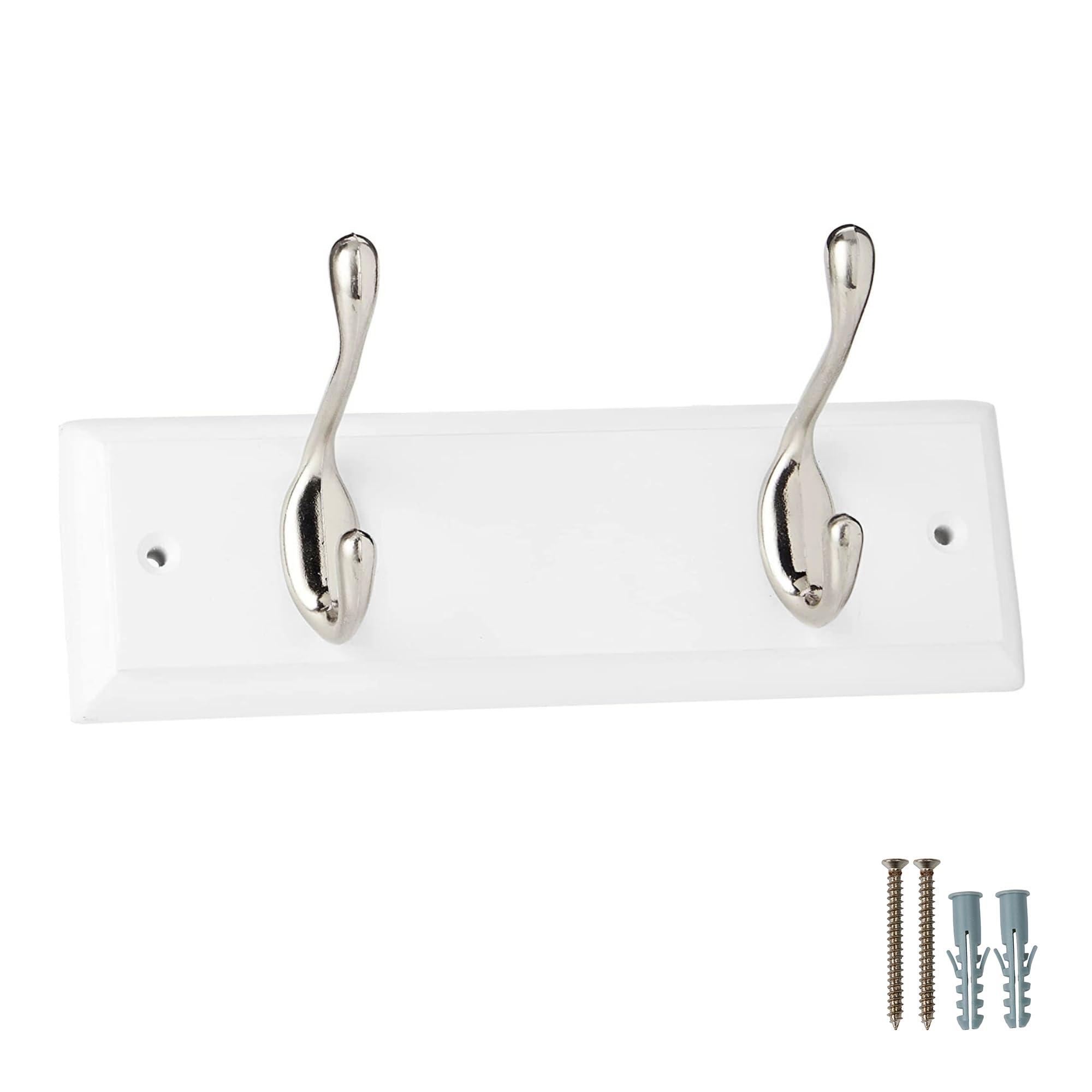 Keypak 2 Hook White Wooden Wall Mounted Coat Rack with 2 Satin Nickel Coat Hooks - Heavy Duty Wooden Board for Coats, Hats, Bags, Tools Space Saving Wall Storage Organiser