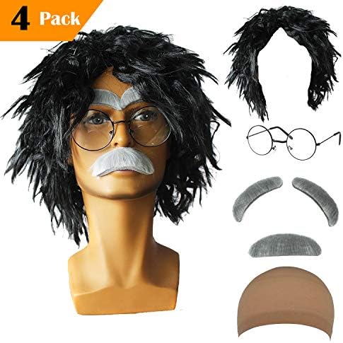 Old Man Mad Scientist Wig Set,Albert Einstien Costume Wig/Ben Benjamin Franklin Bald Cap Wig