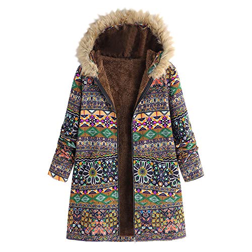 Cuekondy Women Vintage Floral Printed Coat Winter Warm Faux Fur Hooded Parka Jacket Boho Long Zipper Coats Outwear