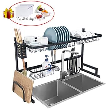 Dish Drying Rack Over Sink Kitchen Supplies Storage Shelf Countertop Space Saver Display Stand Tableware Drainer Organizer Utensils Holder Stainless Steel, Black