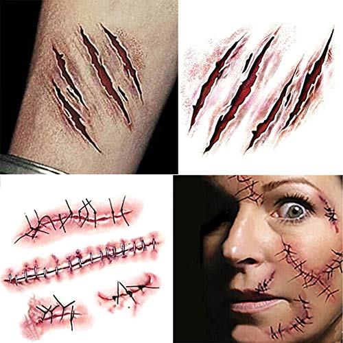 Ladovin 20Pcs Halloween Temporary Tattoo Stickers Horror Realistic Waterproof Fake Bloody Wound Stitch Stickers Makeup For Halloween Party Cosplay