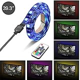 Topist USB TV LED Light, RGB 5050 60 LEDs Neon Accent Lighting System Kit, Flexible Adhesive Tape Multi-Color Changing Light with RF Wireless Remote for Flat Screen TV LCD, Desktop PC, 3.3Ft