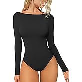 OQQ Bodysuits for Women Boatneck Long Sleeve Basic Stretch Classic-Fit Tops Sexy Bodysuit