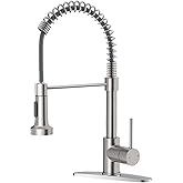 OWOFAN Kitchen Faucet with Pull Down Sprayer Brushed Nickel | 1 Handle Spring Sink Faucets,Lead-Free NSF Certified Stainless Steel, 1 or 3-Hole Deck Plate,Farmhouse, RV, Bar, Laundry Room