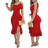 Women Cold Shoulder Night Out Dresses Beaded Strap Bodycon Dress Ruffle Split Hem Cocktail Party Midi Dress