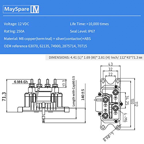 MaySpar 12V Winch Relay 250A Winch Solenoid Relay Contactor for ATV UTV Boat 4x4 Vehicles 1500-5000lbs with 6 Protecting Caps-Replacement Number 63070 62135 74900 2875714 70715 - Image 2