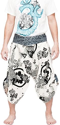BohoHill Samurai Harem Pants Indigo Dye Wrap Waist Sakura Koi Fish Off White