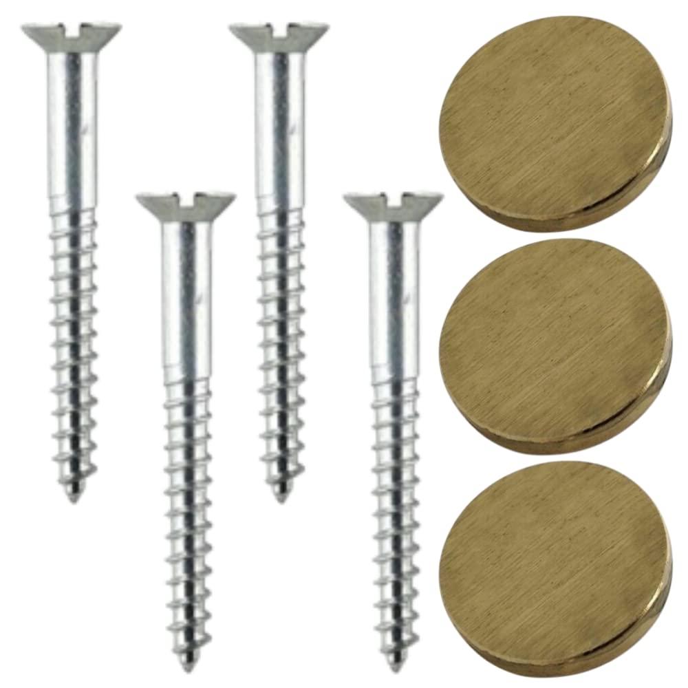 Mirror Screw 38mm & Brushed Brass Flat Screw Caps 19 mm Mirror Screws with Decorative Cap Covers Mirror Screws Fitting Set for Mirror Tables Bath Plates Wardrobes Glass Signs Pack of 4.
