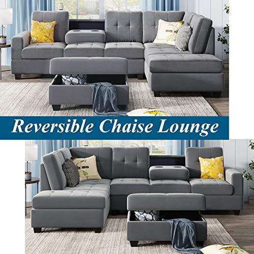 uslion 3 Piece Microfiber Sectional Sofa with Reversible Chaise Lounge Storage Ottoman and Cup