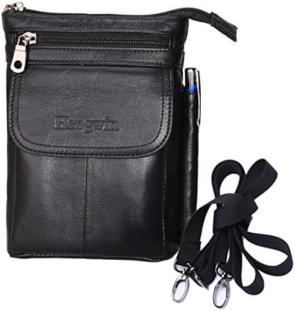 Hengying Leather Small Cross Body Man Bag Mobile Phone Belt Pocket Belt Wallets for Men with Loop and Carabiner + Key Ring (Black)