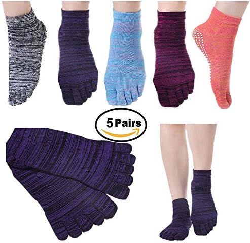Feibi 5 Pairs Toeless Yoga Socks Non Slip Skid Pilates Barre with Grips for Women (5Pairs-C)