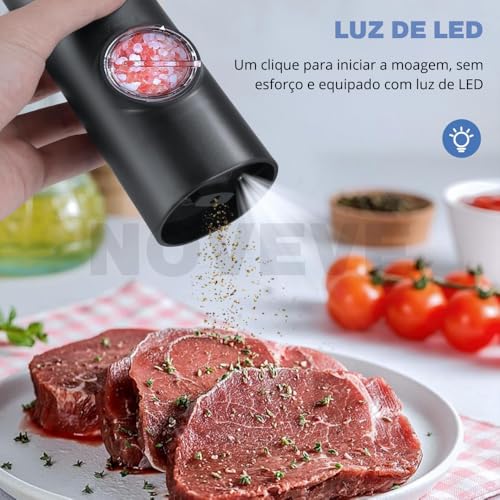 Kit 2 Moedor de Pimenta Elétrico Automático – Ajuste de Moagem, Luz LED, Recipiente Transparente para Sal, Pimenta e Temperos | Ideal para Cozinha e Churrasco Pilha Premium