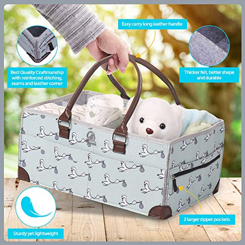 Baby Diaper Caddy Organizer - Shower Registry Gift Basket for Newborn Boy Girl, Large Nursery Storage Bins with Long Handle, Portable Felt Tote Bag for Baby Things, Car Travel, Changing Table (Green)