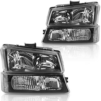 Headlight Assembly kit for 2003-2006 Chevy Avalanche / 2003-2007 Chevrolet Silverado 1500 2500 3500 1500HD 2500HD Pickup Headlamp Replacement, Black Housing with Bumper Lamp