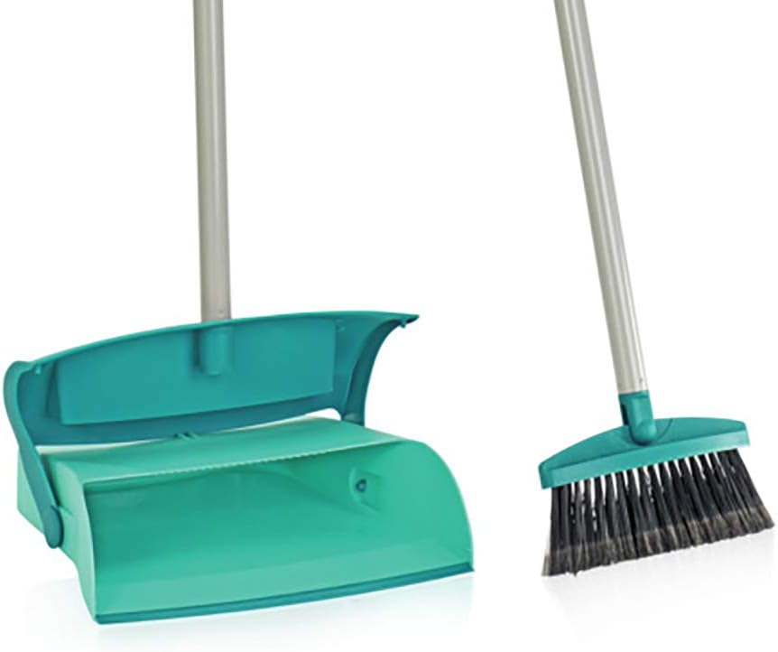 Leifheit Long Handled Dust Pan Set - Closed Dust Pan, No Bend Sweeping, Pan closes when Lifted, Split Bristle Ends Collect Fine Dust