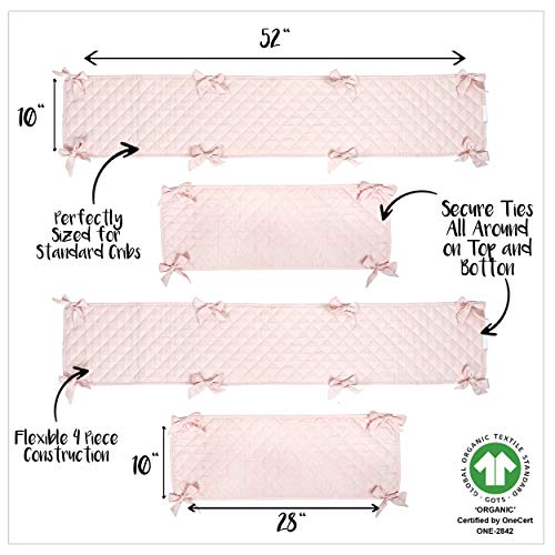 MakeMake Organics Organic Crib Bumper Pad GOTS Certified Organic Cotton Crib Bumper Pads Breathable Cotton Quilted Thinner Safe Hypoallergenic 4 PC Set Standard Crib Liner Girls (160"x10", Blush Pink)