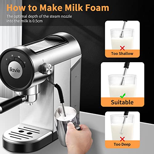 ILAVIE Espresso Coffee Machine with Steamer, 20 Bar Espresso Maker with Milk Frother Steam Wand, Espresso and Cappuccino Maker, Easy to Use at Home, Stainless steel, 1250W