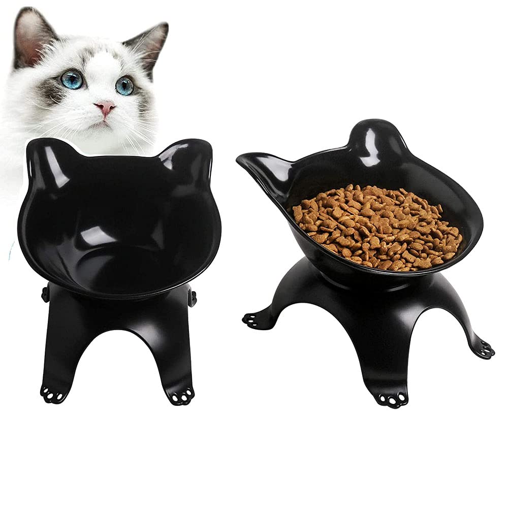 Zefeng Pet Feeder Bowl, 2 Pieces, Black, Cat Bowl with Raised Stand, Non-Slip, 15° Tilt Platform, for Cat Reduce Neck Pain