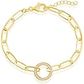 Circle of Life with Simulated Diamond CZ Paperclip Link Chain Design 7+1” Bracelet | Gold Plated Sterling Silver Jewelry for Women or Teens