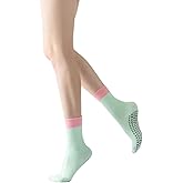 Yoga Pilates Socks with Grips for Women Non Slip Color Blocking Cushioned Crew Socks for Barre Ballet Dance