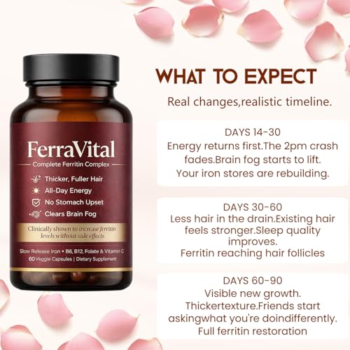 FerraVital Ferritin Support Iron Supplement for Women – Supports Healthy Iron & Energy Levels – with Ferrous Glycine,Vitamin C, B12, B6, Folate, Zinc & Probiotics – 60 Capsules(1pc)