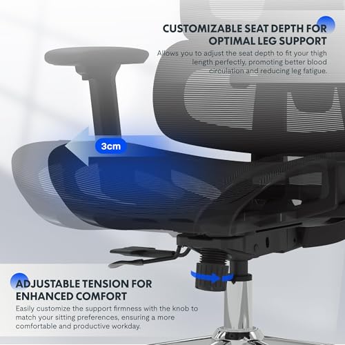 FLEXISPOT ErgoX Ergonomic Office Chair with Footrest for Home Office, Desk Chair with 3D Armrests, 3D Headrest, 5D Adjustable Backrest, Breathable Seat, Maximum Load 136 kg,Mesh Office Chair,Black