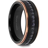 Mens Black Titanium Rose Gold Plated Inside Black Sapphire Settings all around Wedding Ring - Flat Brushed Comfort Fit - 8mm Wide - Style name: ASTRO