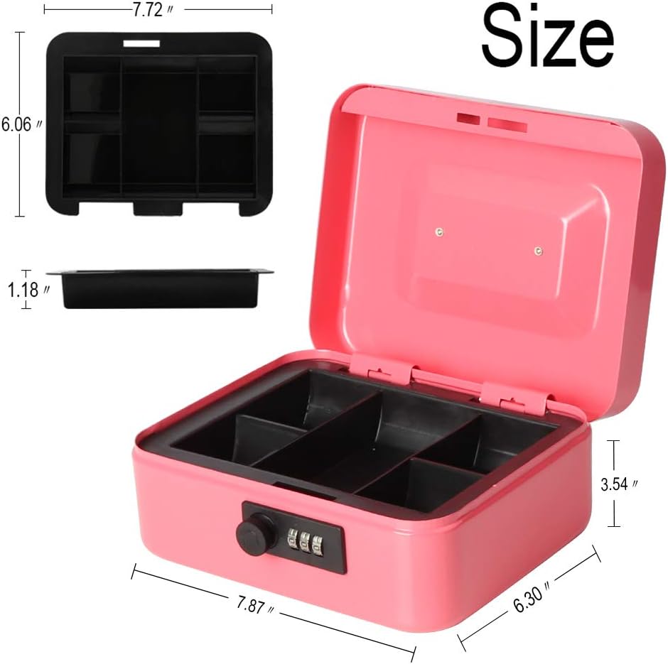 Parrency Cash Box with Combination Lock, Safe Metal Small Locking Box with Money Tray, 7 4/5" x 6 4/5" x 3 3/5", Pink - Image 3