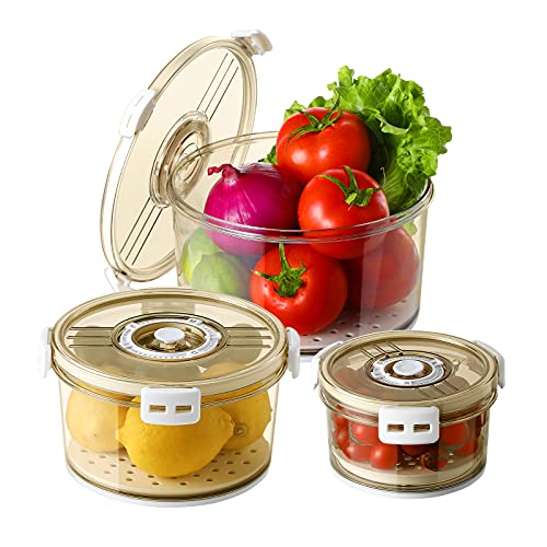 Fruit Storage Containers for Fridge, GONGQIN 3 Packs Fresh Vegetable Saver Sealed Box Containers With Drain Plate for Refrigerator Food Salad Lettuce Keeper BPA Free