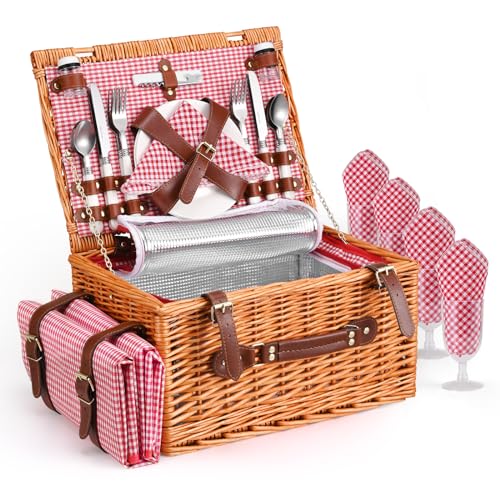 4 Person Picnic Basket, Wicker Picnic Set with Insulated Bag, Waterproof Picnic Blanket and Cutlery Set, Picnic Basket for Camping, Pink