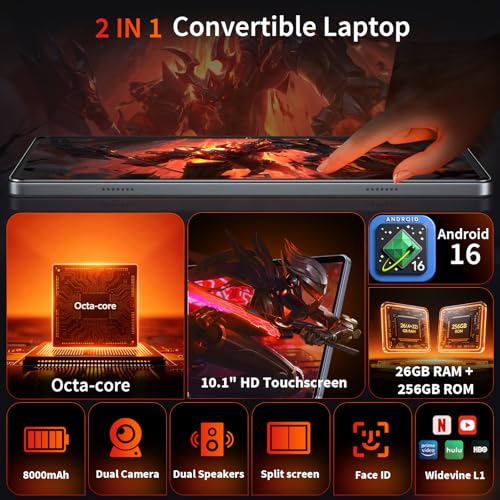 Android Tablet with Keyboard - Android 16 tablet with 26GB+256GB+2TB Expand, 10 inch Tablet with 8-Core, Gemini AI, 5G WiFi, 8000mAh, GPS, GMS, Electronic Tablet PC with Case/Mouse/Stylus-Silver Case