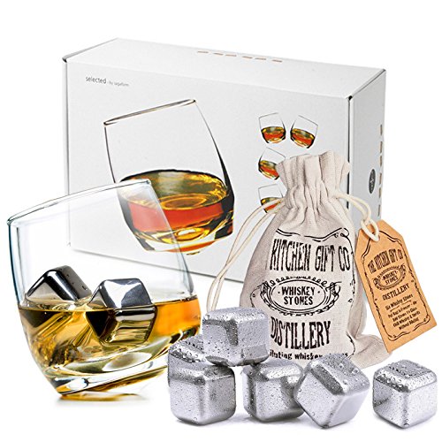 6 Sagaform Rocking Whiskey Glasses & 6 x Stainless Steel Whiskey Stones - Great Bar Gift For Whiskey Lovers